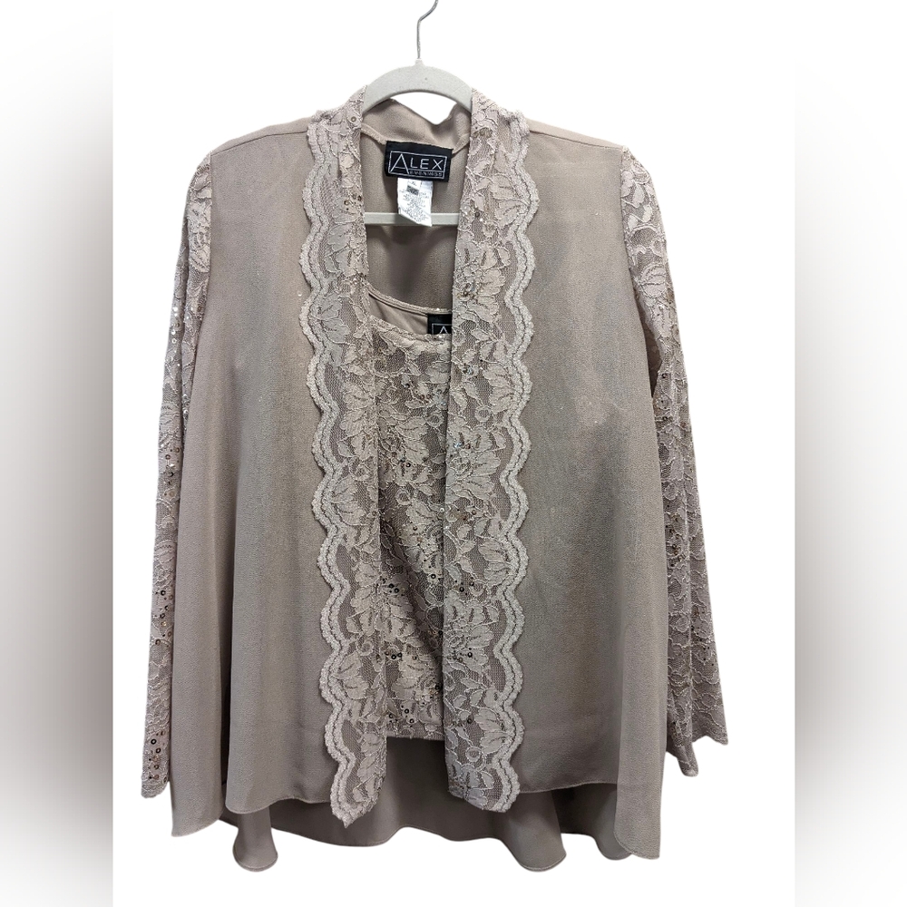 Alex Evenings 2 Piece Taupe Lace/Sequin Camisole & Sheer Jacket Size XL